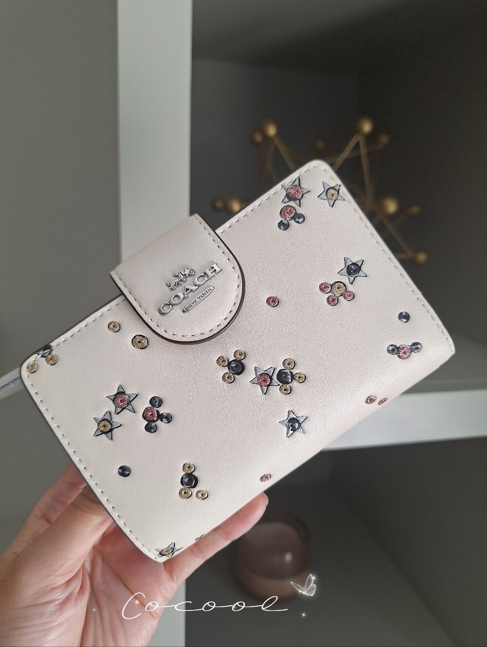 COACH CCL64 Medium Corner Zip Wallet With Star Print Smooth Leather Chalk Multi